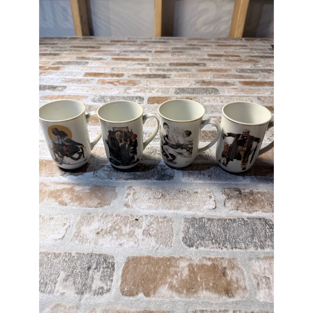Norman Rockwell‎ Saturday Evening Post Coffee Mug Set of 4 Gold Rim 4 inch